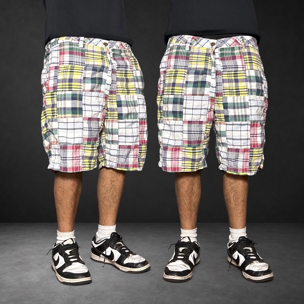 The New Ivy Brand Patchwork Madras Plaid Shorts Mens 38 Vintage Skater Retro